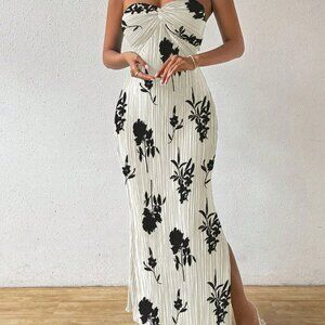 Apricot Boho Women's Tie Knot Pleat Printed Dress